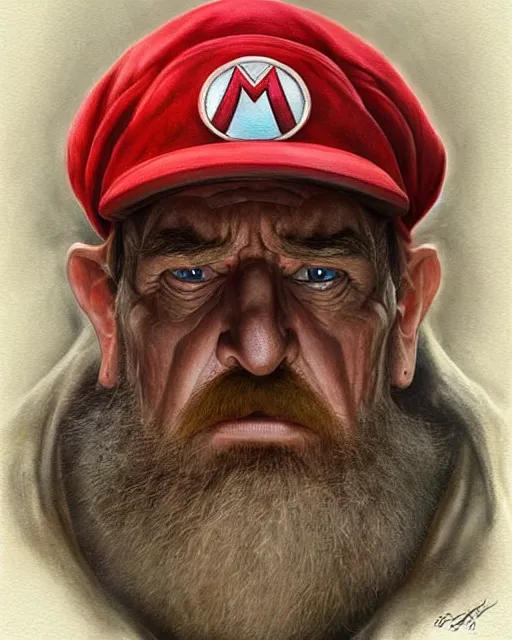 Image similar to portrait of super mario in lord of the rings, red cap, beautiful, very detailed, hyperrealistic, medium shot, very detailed painting by Glenn Fabry, by Joao Ruas