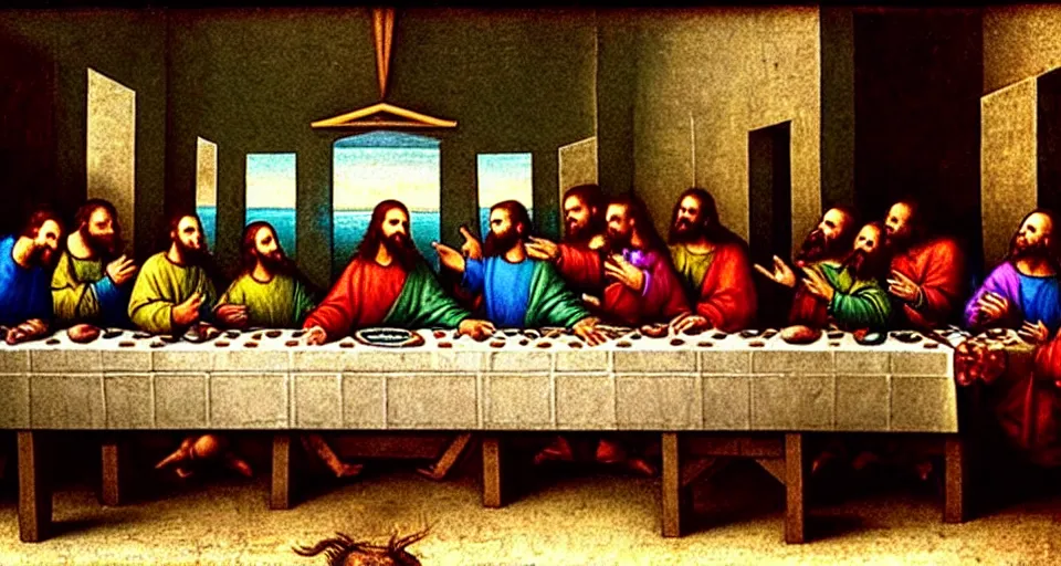 Image similar to The last supper, but Jesus is the DJ (disc jesus), he's playing sick tracks on his CDJ's in the 0th century club, painting by Leonardo da Vinci