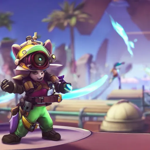 Prompt: teemo is the newest overwatch character, kings row in the background, octane render, blender render, unreal engine, standing pose, cinematic lighting, symmetrical, never underestimate the power of the scouts code