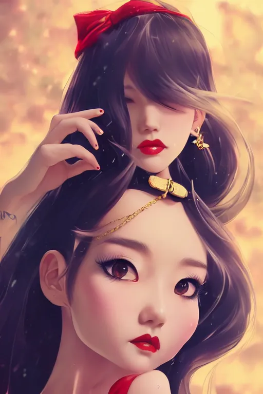 Image similar to a pin up and beautiful fashion dreamlke japan girl with lv jewelry, character art, art by artgerm and wlop and and ilya kuvshinov, hyperdetailed, 8 k realistic, symmetrical, frostbite 3 engine, cryengine, dof, trending on artstation, digital art, chanel, dior, fantasy background