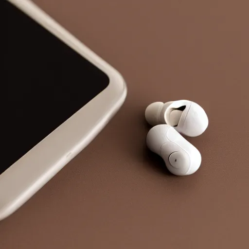 Image similar to beige truly wireless earbuds, studio, product photo