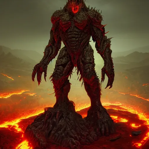 Image similar to a doom lord by an erupting volcano, au naturel, hyper detailed, digital art, trending in artstation, cinematic lighting, studio quality, smooth render, unreal engine 5 rendered, octane rendered, art style by klimt and nixeu and ian sprigger and wlop and krenz cushart