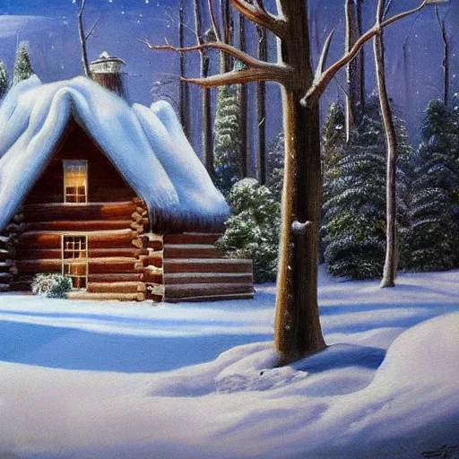 Prompt: realism painting of a log cabin in the woods, night, winter, soft lighting, highly detailed