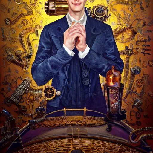 Image similar to vitalik buterin, realistic, regal, refined, detailed digital art, michael cheval, walt disney ( 1 9 3 7 ), basquiat, oil painting, steampunk, highly detailed, cinematic lighting, unreal engine, 8 k