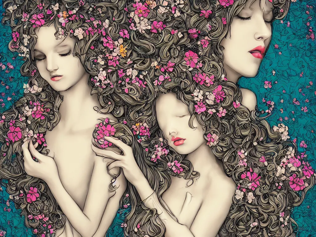 Image similar to beautiful girl digital art james jean long hair with flowers baroque