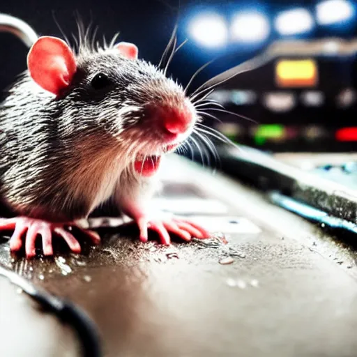 Prompt: a wet rat on stage in front of thousands of people djing sad anime music