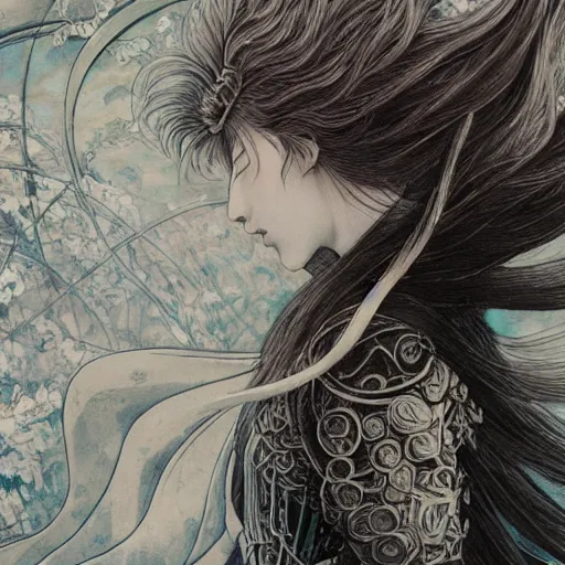 Image similar to yoshitaka amano blurred and dreamy realistic illustration of a young japanese woman with black eyes, wavy white hair fluttering in the wind wearing elden ring armor with engraving, abstract patterns in the background, satoshi kon anime, noisy film grain effect, highly detailed, renaissance oil painting, weird portrait angle, blurred lost edges, three quarter view