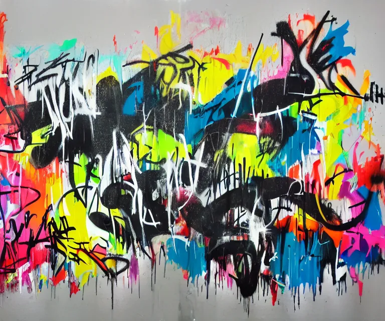 Prompt: acrylic and spraypaint, painting, paint drips, acrylic, graffiti throws, graffiti bubble letters, wildstyle, clear shapes, spraypaint, smeared flowers, origami crane drawings, oil pastel gestural lines, large triangular shapes, painting by ashley wood, basquiat, masterpiece