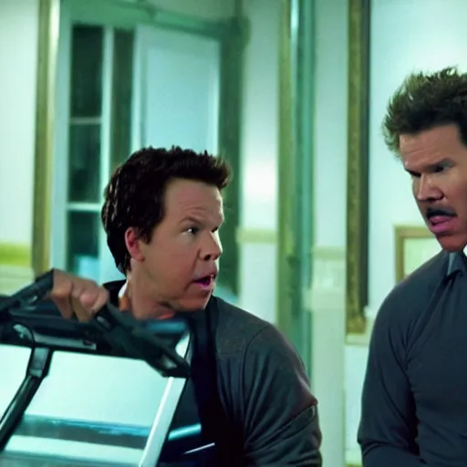 Prompt: scene from a movie that looks like a drama but it's a laugh hard comedy, mark wahlberg and will ferrell being a chaotic duo, shot by darren aronofsky, 4 k