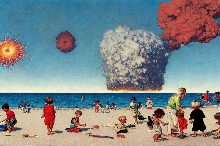 Image similar to children playing at the beach, huge atomic explosion in the background, wide angle shot, detailed, by norman rockwell, by mattias adolfsson, by moebius, oil on canvas,