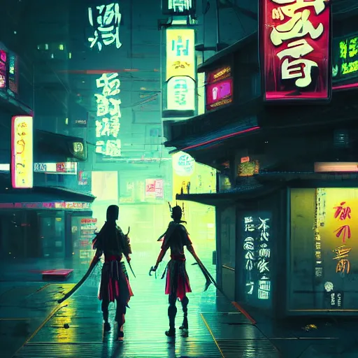 Prompt: samurai with his daughter, rainy night, neon glow concept art, sharp focus, city background, intricate, digital painting, cyberpunk 2077, octane render, wallpaper, highly detailed, anime key visual, rich vivid colors ambient lighting,, illustration, art by Artgerm, Makoto Shinkai, Ilya Kuvshinov, Lois Van Baarle and Rossdraws