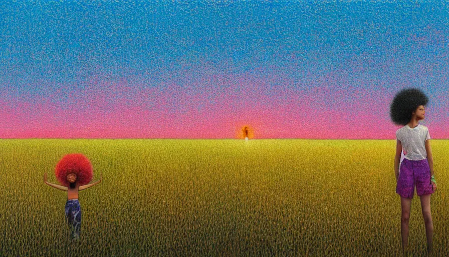 Image similar to daisy afro head, full body, girl watching sunset, empty wheat field, surreal photography, colorful clouds, tree, impressionist painting, colorful clouds, digital painting, pointillism, artstation, simon stalenhag