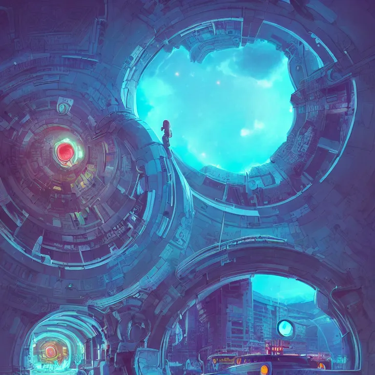 Image similar to a circle!! spiral!! portal!!! structure floating in space!!, cyberpunk, epic surrealism, indigo, purple, bright red, cyan, detailed digital matte painting in the style of simon stalenhag and painting by ralph mcquarrie