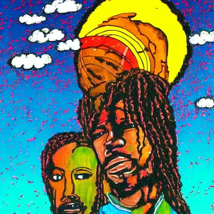 Image similar to UFO hovering over an African Jesus , clouds, colorful, in the style of African bus art,