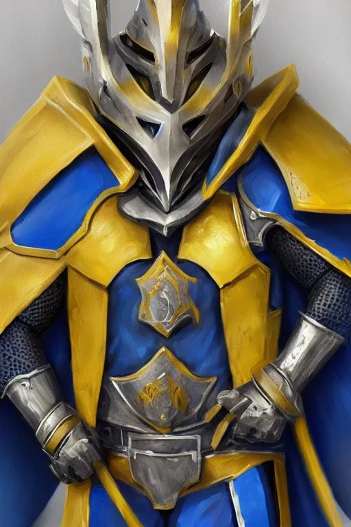 Prompt: a knight with blue tabard and a yellow cape and steel pauldrons and short blonde hair and a short blonde beard, realistic, detailed, trending on ArtStation, by Tony Sart