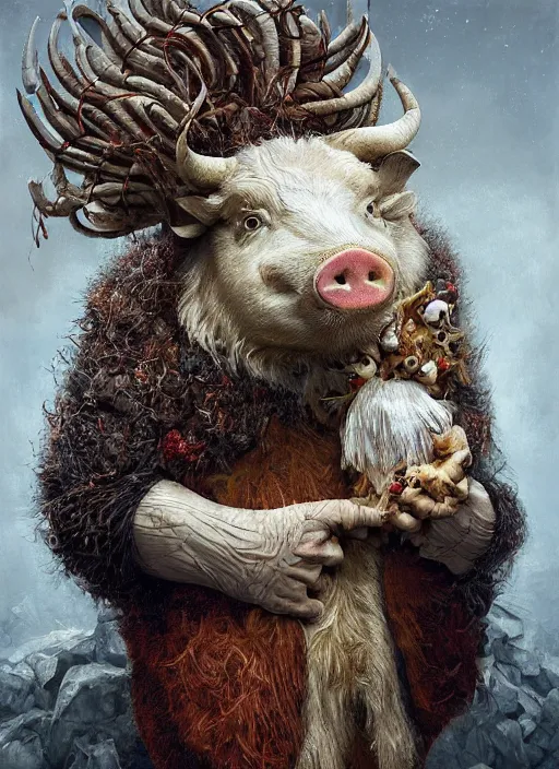 Image similar to a hyper detailed painting of an anthropomorphic joaquin phoenix as the king of animals, cow horns, pig nose, sheep wool, chicken feathers, horror, by anna podedworna, by miklos ligeti, by diego maricato, by taran fiddler, by antonino truisi, by chris reddie, on artstation