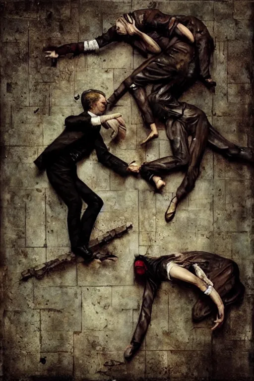 Image similar to man breaking into pieces while a woman tries to hold the fallen parts, surreal, ray caesar, john constable, guy denning, dan hillier