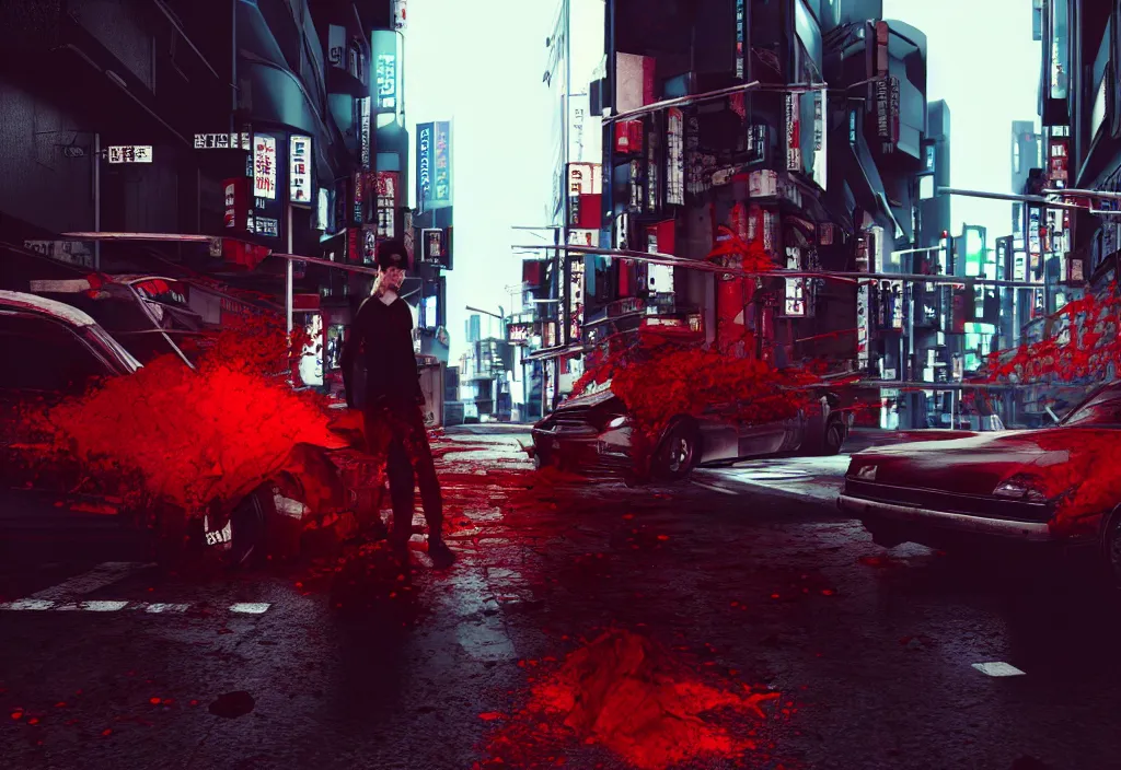 Prompt: tokyo city streets in blood, by cyberpunk style, max payne standing in blood, trending on artstation, cinematic, realistic buildings windows cars, realistic peoples, extreamly detailed, golden ratio, awesome greate composition, color balance harmony, physical correct light shadows, awesome exposition, like in real life, octane render 8 k, art by cd projekt red