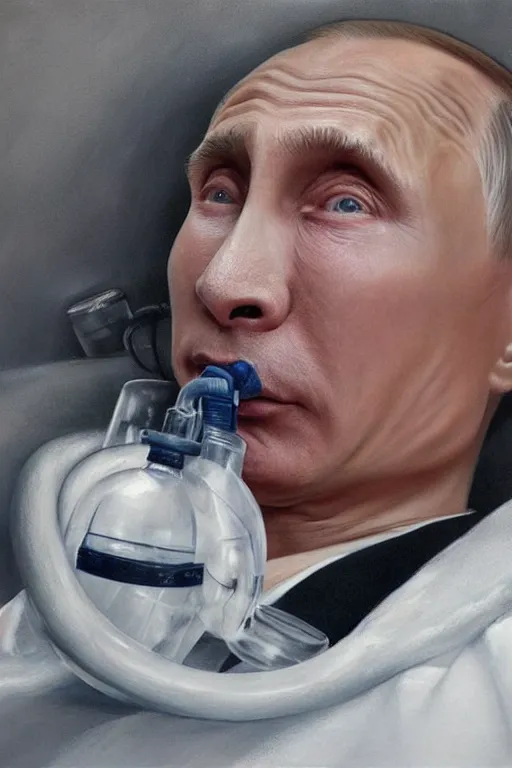 Prompt: hyperrealistic painting of very ill Vladimir Putin wearing an oxygen mask on a death bed inhaling from Copium tank, dimly lit cozy tavern, leather tunic, confident relaxed pose, d&d, stunning 3d render inspired art by Tim Okamura and Lise Deharme + perfect facial symmetry + dim volumetric lighting, 8k octane beautifully detailed render, post-processing, extremely hyperdetailed, intricate, epic composition, grim yet sparkling atmosphere, cinematic lighting + masterpiece, trending on artstation, very very detailed, masterpiece, stunning