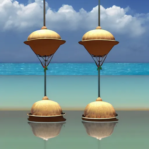 Prompt: three woks, each with the approximate dimensions of 50cm long and 30 cm wide, placed on a sandy beach, with ocean in the background, photorealistic, 8k