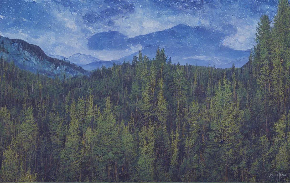 Prompt: Realist colorful impasto painting of the Salmon River mountain valley at midnight by John Harris, stars in the inky black sky reflect on the darkest blue river surface, ponderosa pines, 4k scan, HDR, oil on canvas, visible brushstrokes