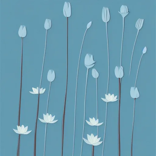 Image similar to field of light blue lotus flowers, minimalistic art, elegant