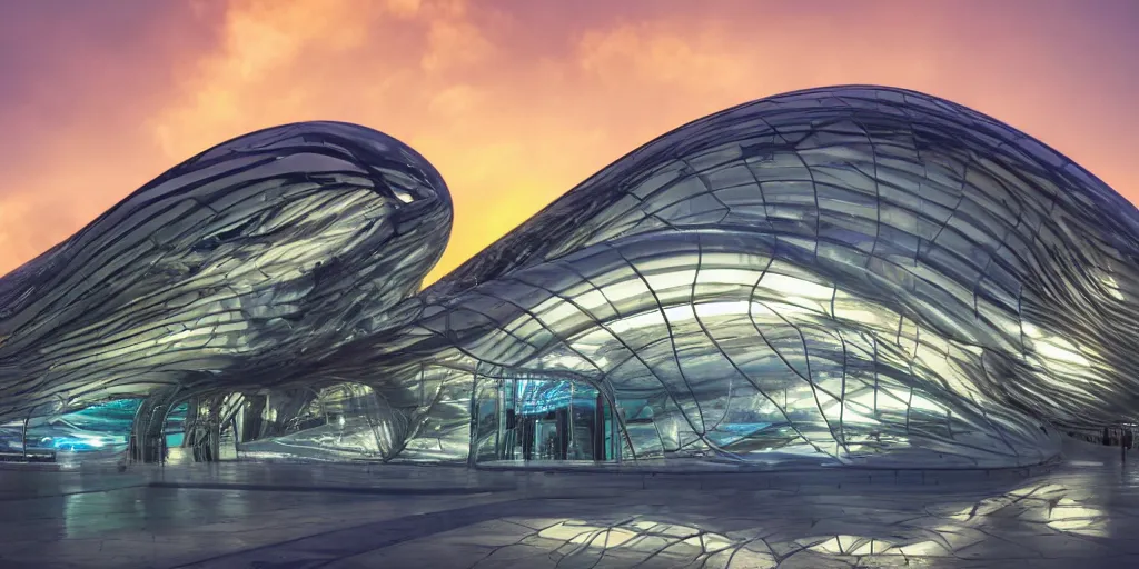 Image similar to extremely detailed awe stunning beautiful futuristic smooth curvilinear museum exterior, translucent gills, stunning volumetric light, stainless steel, concrete, translucent material, beautiful sunset, hyper real, 8k, colorful, 3D cinematic volumetric light, atmospheric light