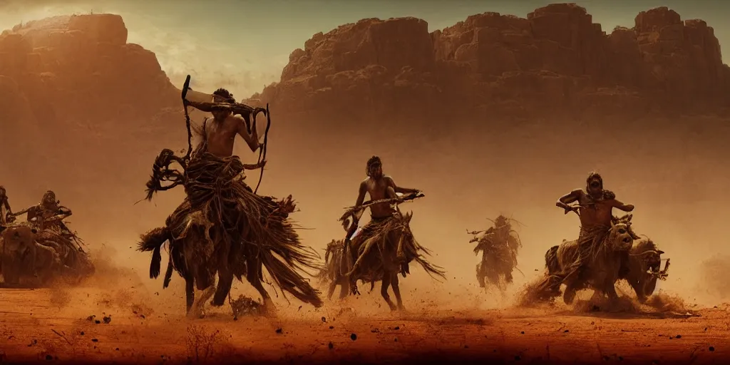 Image similar to photorealistic high speed photo ancient indian tribesman hunting on atv, chase of buffalo herd ,attacking, action scene, an epic fantasy, dramatic lighting, cinematic, establishing shot, extremely high detail, photorealistic, cinematic lighting, artstation, octane render, by simon stalenhag, horizon forbidden west,old photo, high speed photography, vintage, mad max