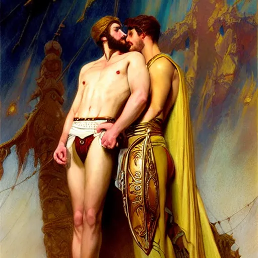 Image similar to attractive fully clothed king confesses his love for his attractive fully clothed male prince. highly detailed painting by gaston bussiere, mark brooks, j. c. leyendecker, craig mullins