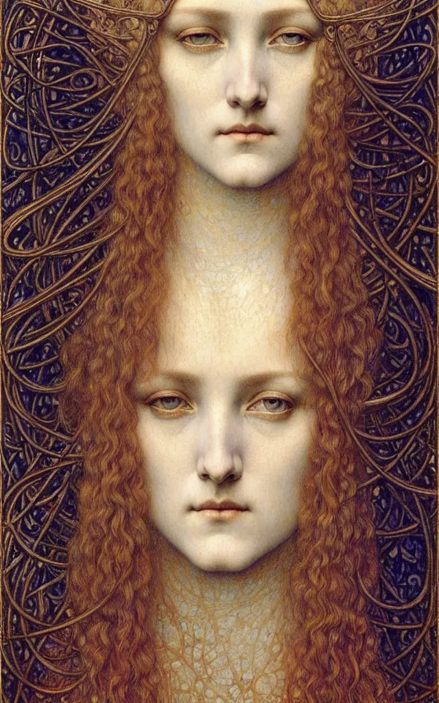 Image similar to detailed realistic beautiful young medieval queen face portrait by jean delville, gustave dore and marco mazzoni, art nouveau, symbolist, visionary, gothic, pre - raphaelite. horizontal symmetry