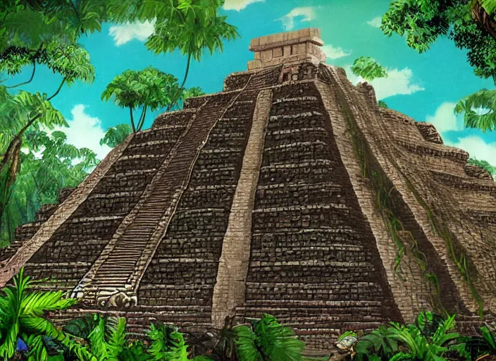 Prompt: Lucasarts background of a mayan temple in the middle of the jungle.