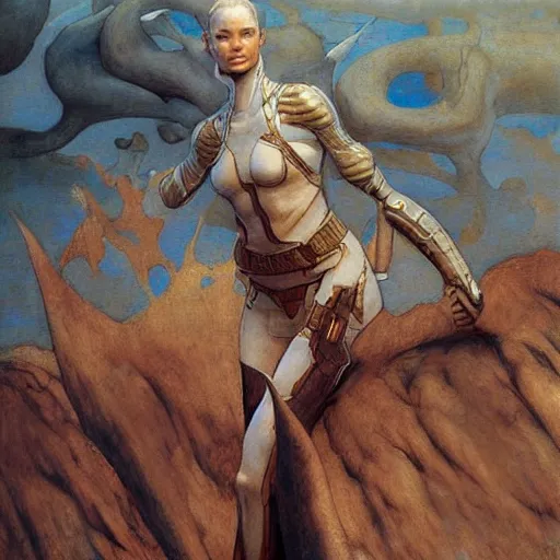 Prompt: beautiful female Fremen on Dune, by Edgar Maxence and Ross Tran and Michael Whelan and Gustav Klimpt