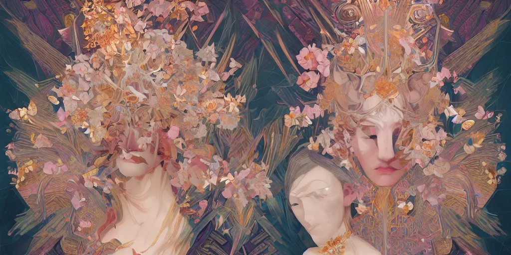 Image similar to breathtaking detailed concept art painting kaleidoscope art deco pattern of blonde faces goddesses amalmation flowers, by hsiao - ron cheng, bizarre compositions, exquisite detail, extremely moody lighting, 8 k