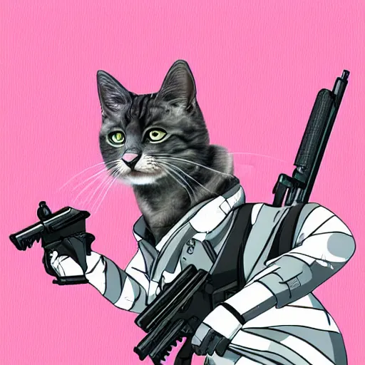 Prompt: cute grey cat with white stripes play apex legends, shooting gun, japanese comic style, pink background