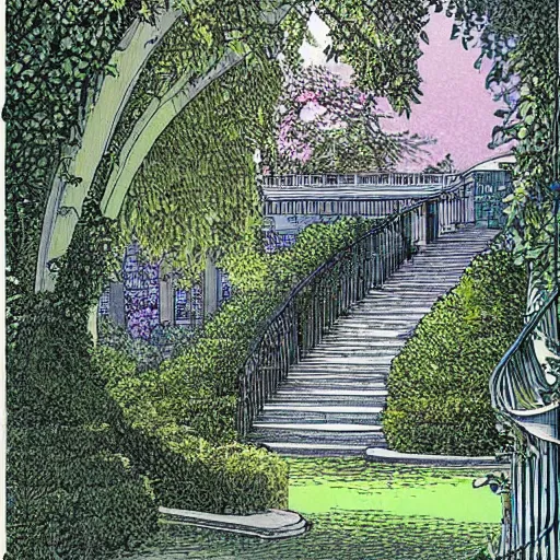 Prompt: old white house stairs into lush garden, drawing moebius