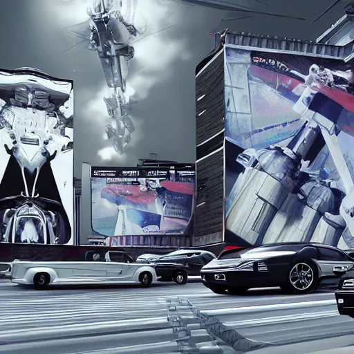 Prompt: sci-fi cars trucks motorcycles portrait 50% of canvas in center and wall near structure on the coronation of napoleon painting and digital billboard in the middle and everything in style of zaha hadid and suprematism forms unreal engine 5 keyshot octane artstation trending bladerunner 2049 colors lighting ultra high detail ultra photo realistic 8k 16k in plastic dark tilt shift