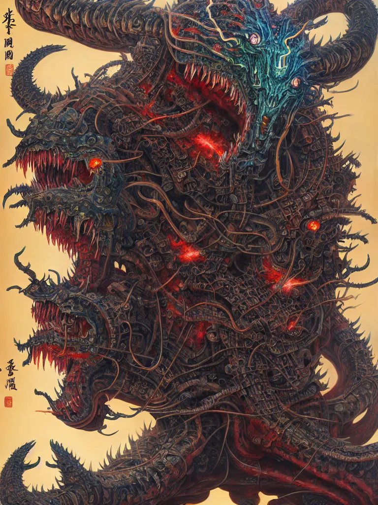 Image similar to realistic detailed image of Technological Nightmare Abomination Monster God by Hou Yimin, Dan Howard, Allan Houser, Alice Hunt and Peter Hurd, Neo-Pagan, rich deep colors. Painting by Byun Shi Ji and Jiang Feng masterpiece