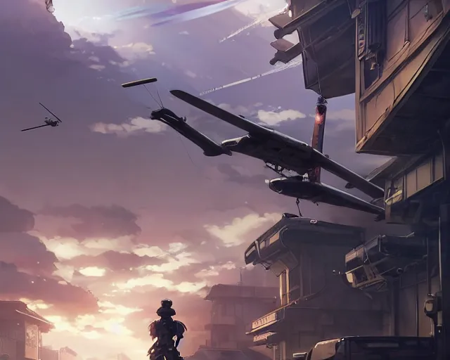 Image similar to Epic scene of a beautiful anime soldier standing in front of a cyborg repair shop, while a futuristic military helicopter flies overhead, by Greg Rutkowski and Krenz Cushart and Pan_Ren_Wei and Hongkun_st and Bo Chen and Enze Fu and WLOP and Alex Chow, Madhouse Inc., anime style, crepuscular rays, set in rainy futuristic cyberpunk Tokyo street, dapped light, dark fantasy, cgsociety, trending on artstation