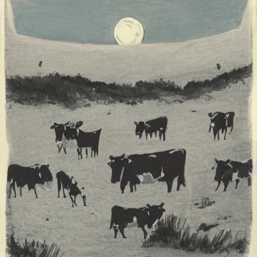Prompt: cows on the moon, moonlight,