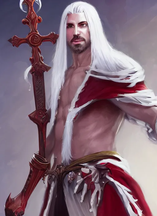 Image similar to a highly detailed illustration of white haired african priest, wearing cross on robe, wielding red blades made of blood, evil standing smiling pose, muscular, intricate, elegant, highly detailed, centered, digital painting, artstation, concept art, smooth, sharp focus, league of legends concept art, WLOP