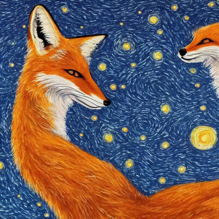 Image similar to a painting of a fox looking up at the stars in the style of Starry Night, highly detailed,