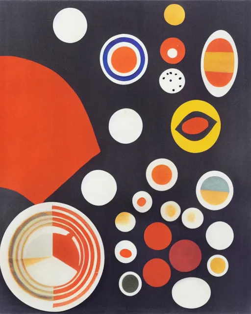 Prompt: Ziggy Stardust era David Bowie at rotating sushi restaurant, plates of sushi, chopsticks and beer, minimalist geometric abstract art in the style of Hilma af Klint