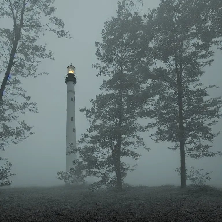 Prompt: lighthouse in the woods foggy night photorealistic