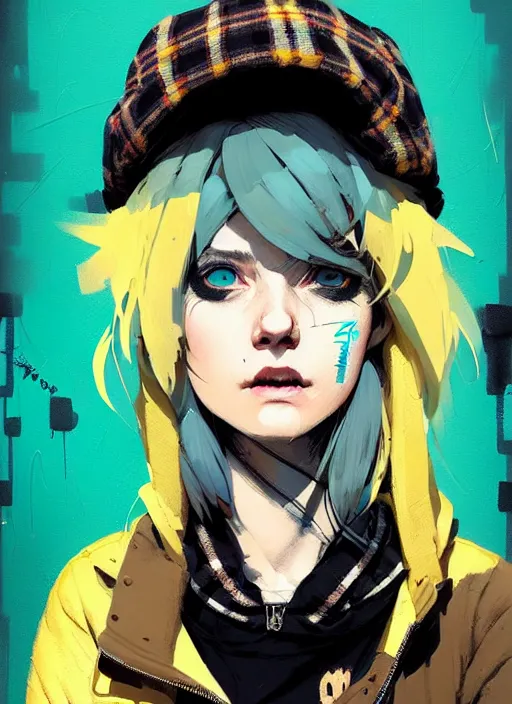 Image similar to highly detailed portrait of a sewer punk lady student, blue eyes, tartan hoody, hat, white hair by atey ghailan, by greg rutkowski, by greg tocchini, by james gilleard, by joe fenton, by kaethe butcher, gradient yellow, black, brown and cyan color scheme, grunge aesthetic!!! ( ( graffiti tag wall background ) )