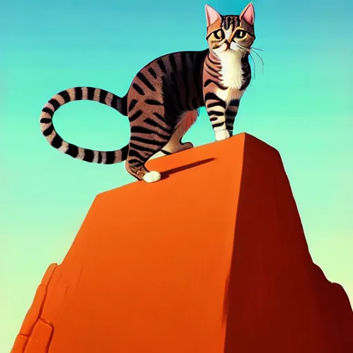 Prompt: low angle shot of a cat standing on a monolith by Martine Johana and Casey Weldon, wes anderson rich colors, intricate, elegant, highly detailed, centered, digital painting, artstation, concept art, smooth, sharp focus, illustration