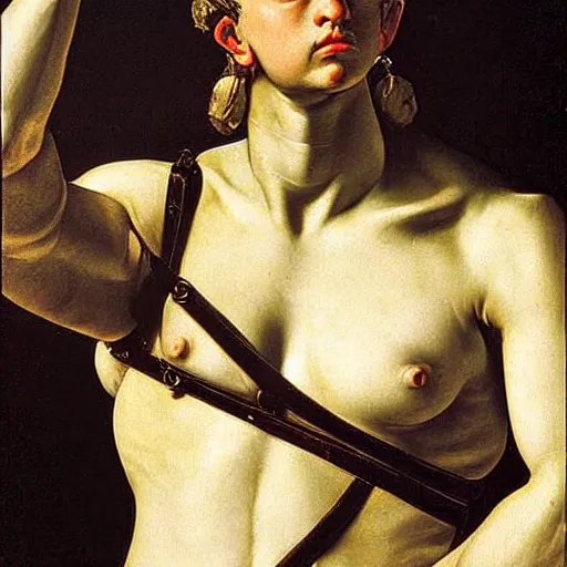 Prompt: muscular female greek warrior, by caravaggio