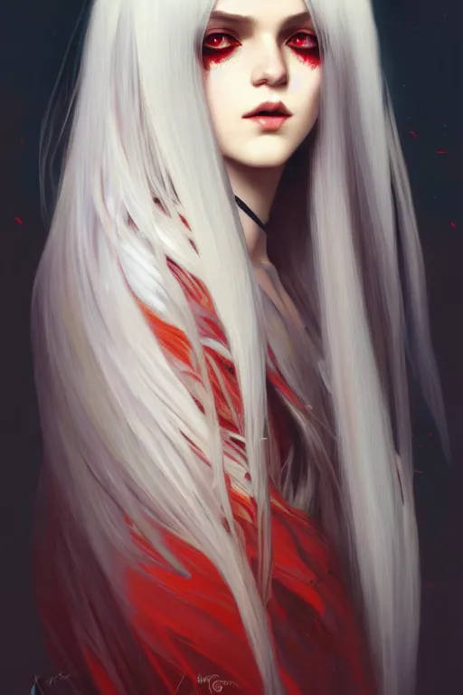 Image similar to a beautiful girl with long white hair and bangs, red eyes, fantasy, portrait, sharp focus, intricate, elegant, digital painting, artstation, matte, highly detailed, concept art, illustration, ambient lighting, art by ilya kuvshinov, artgerm, Alphonse mucha, and Greg Rutkowski