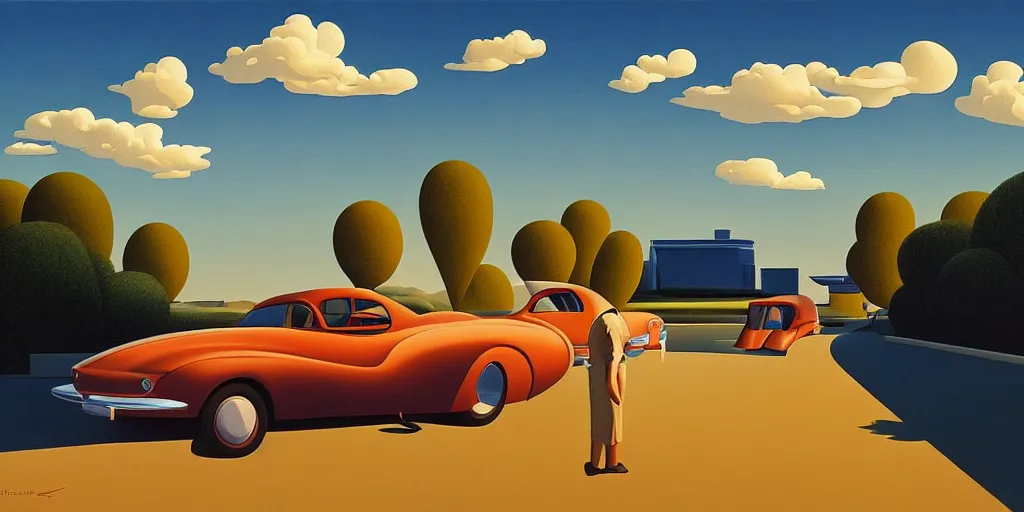 Prompt: futuristic car, blue sky, summer evening, kenton nelson