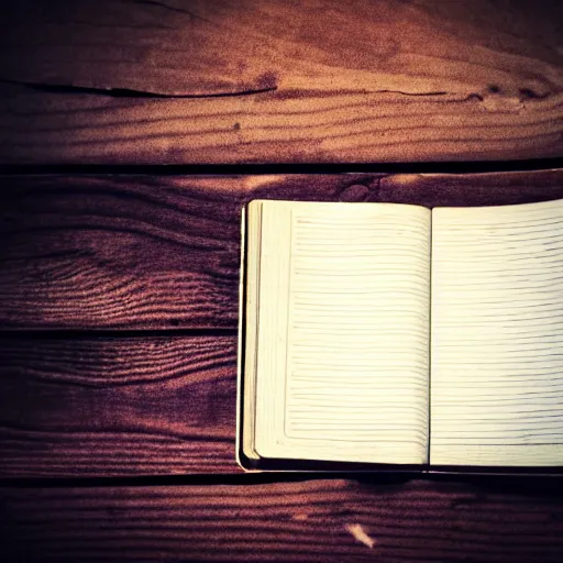 Image similar to highly detailed close up photo of an old worn notebook on wooden table, old table, feather pen, light coming out of near window, moody lighting, dust in air