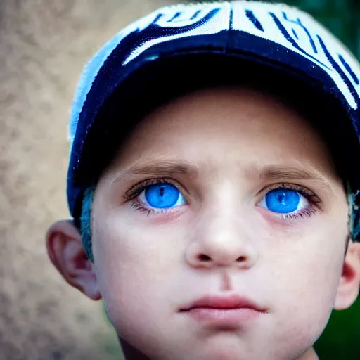 Prompt: detailed portrait of a boy with light blue eyeswearing a black cap, realistic and detailed eyes, intricate photo, incredibly highly detailed and realistic, 8 k, sharp focus